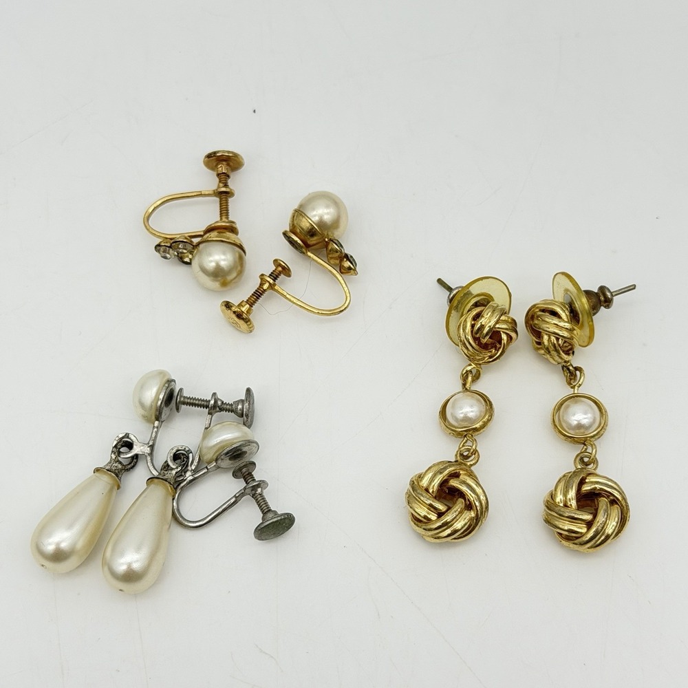 Vintage Faux Pearl Earrings Lot Of 3 Gol Silver Tone
